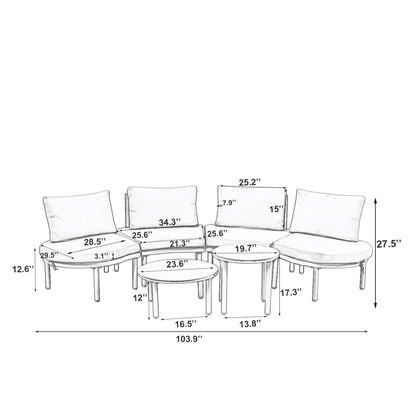 6 Piece Patio Set, Half Moon Outdoor Sectional Sofa With 2 High Low Coffee Tables, 4 Pillows &amp; Cushions