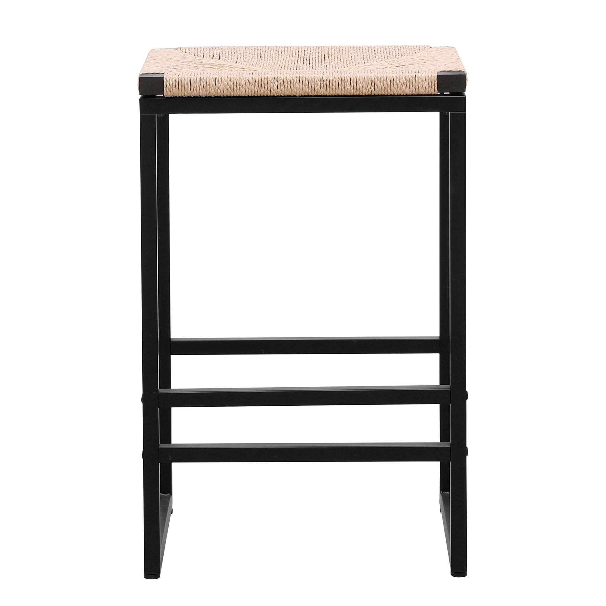 Boho Style Backless Bar Stools (Set of 2) With Paper Rope Woven Seat &amp; Metal Frame For Kitchen Counter
