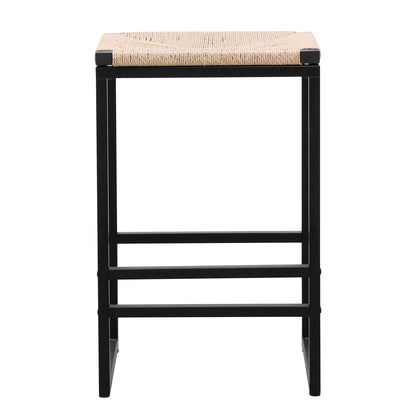 Boho Style Backless Bar Stools (Set of 2) With Paper Rope Woven Seat &amp; Metal Frame For Kitchen Counter