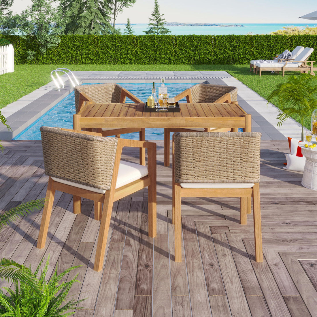Outdoor Dining Set 1 Table 4 Chairs (Set of 5) - Teak / Beige