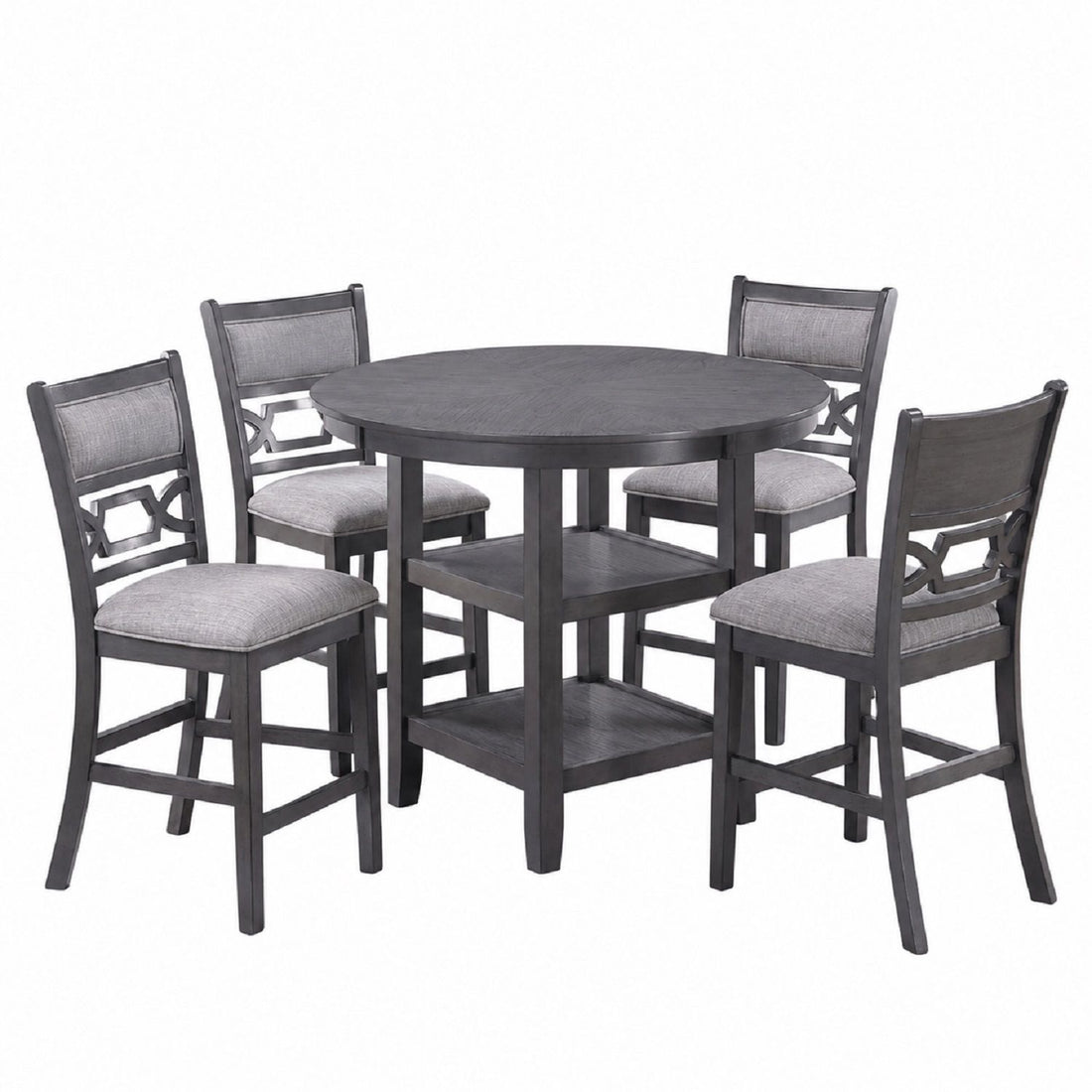 5 Piece Counter Height Dining Set With Storage Shelves Round Table And Upholstered High Chairs - Gray