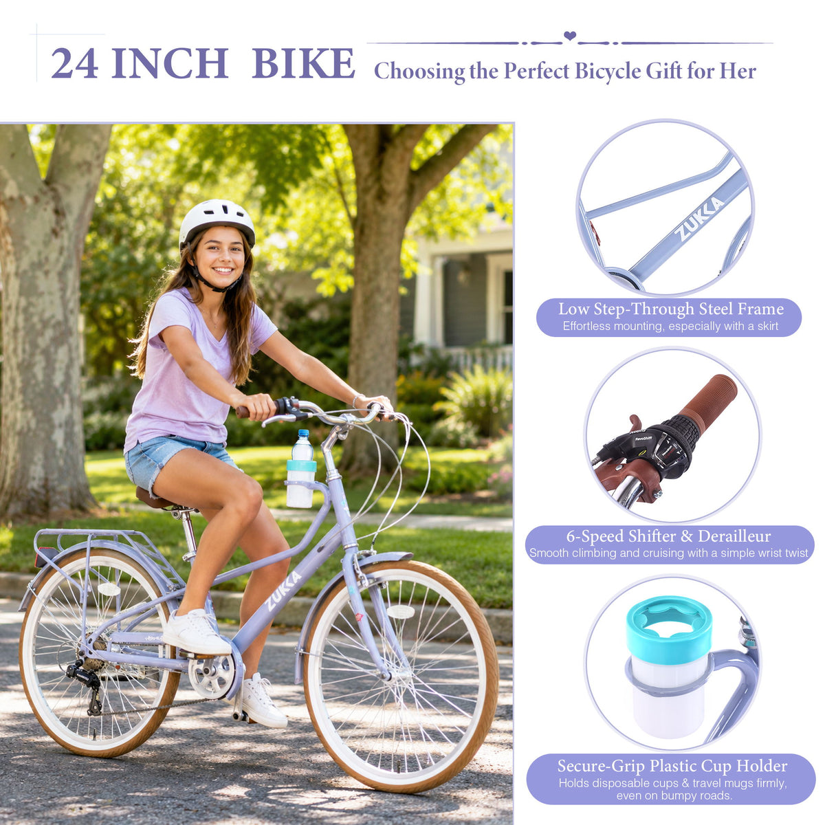 24" Cruiser Bike With 6 Speed Gear System, Rear Rack &amp; Cup Holder
