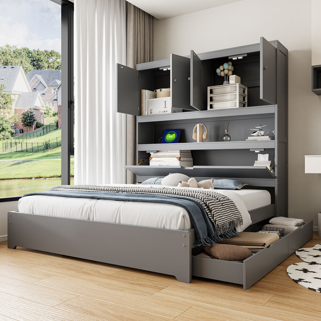 Platform Bed With USB, Storage Headboard &amp; Drawers