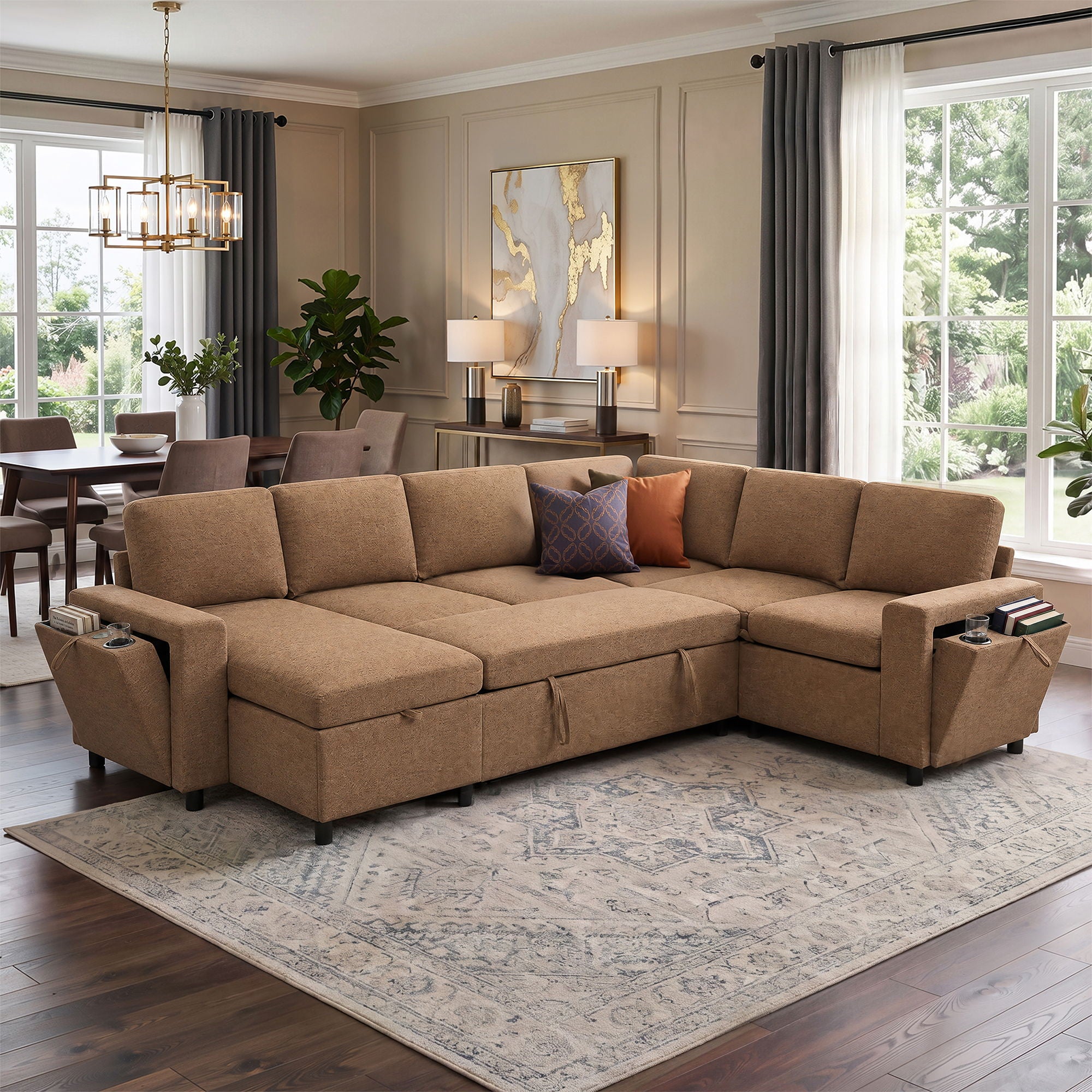 U - Shaped Convertible Sectional Sofa Bed With Storage, USB Charger &amp; Cup Holders
