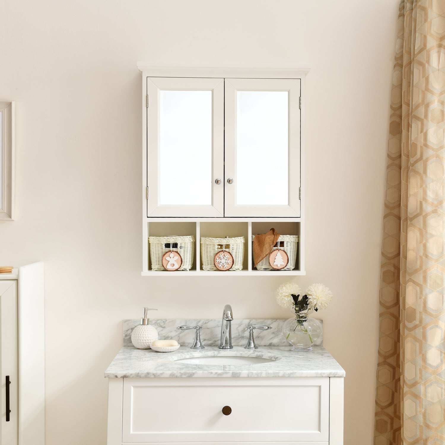 Bathroom Storage Cabinet, Medicine Cabinets For Bathroom With Mirror, 2 Doors 2 Adjustable Shelf &amp; 3 Christmas Style Storage Basket - White