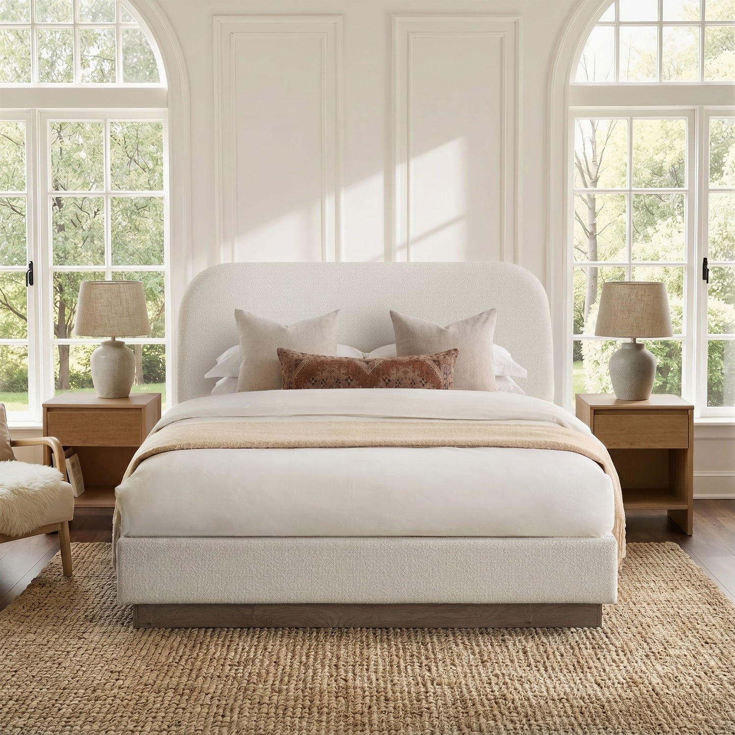 Linton - Queen Size Upholstered Platform Bed - Cream White / Light Grey / Camel Oak