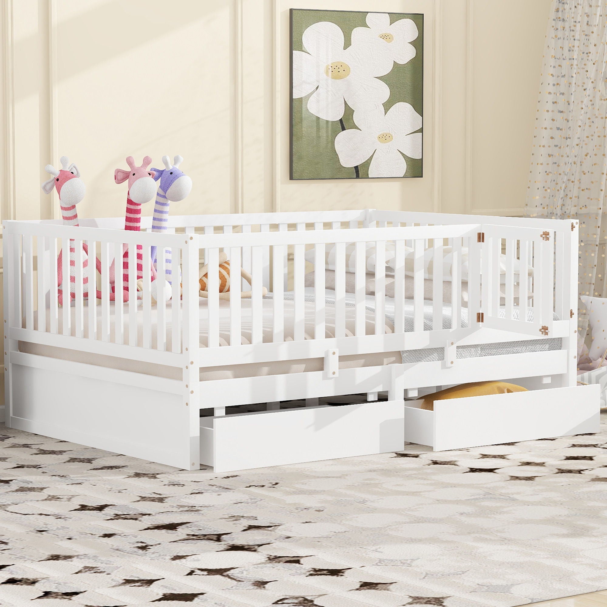 Daybed With Fence Guardrails And 2 Drawers, Split Into Independent Floor Bed &amp; Daybed