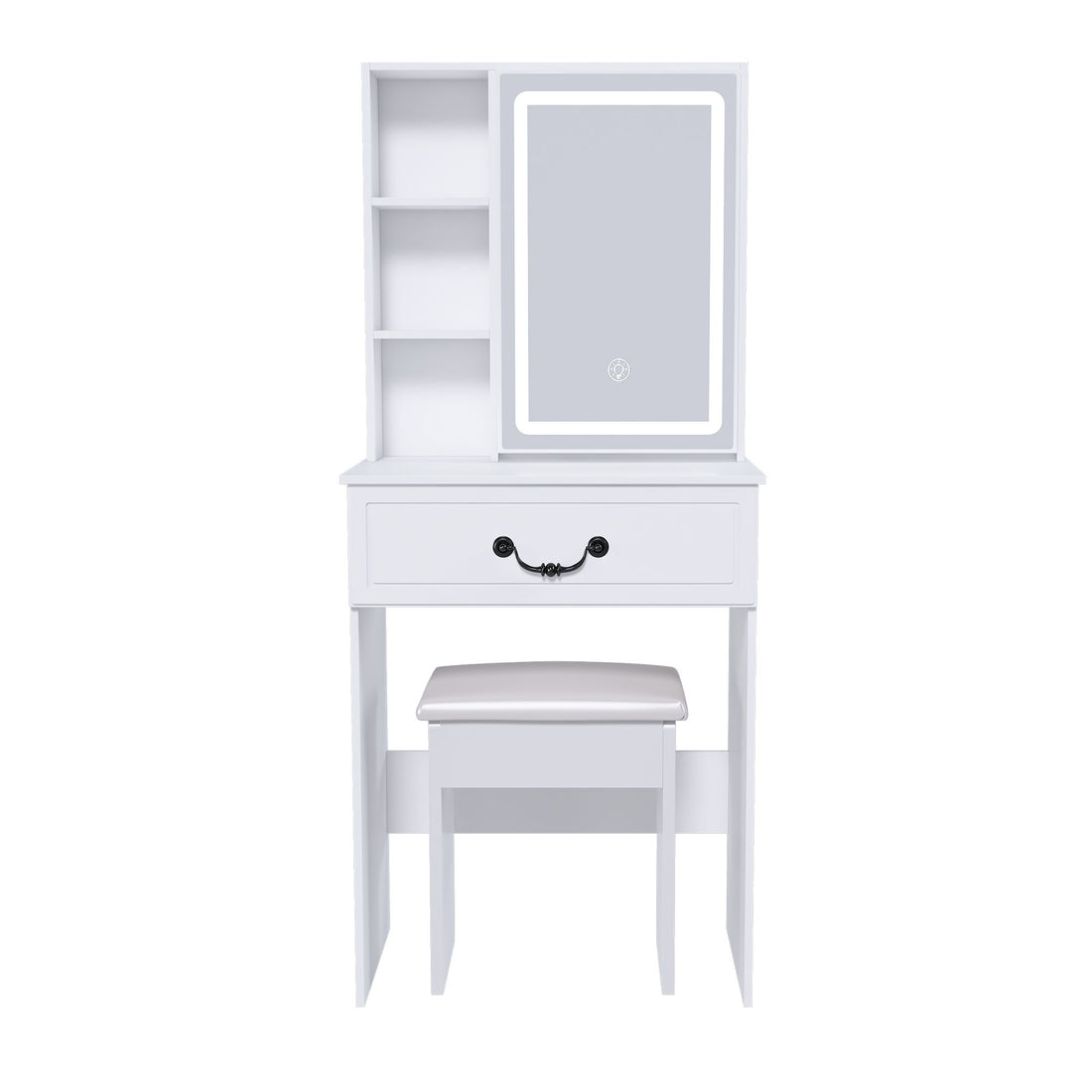 Modern Mini Dressing Table With Led-Lit Mirror &amp; Hidden Storage, Adjustable Brightness Vanity Desk - White