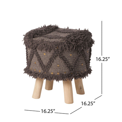 Roja - Handcrafted Wool &amp; Cotton Foot Stool With Eucalyptus Wood Frame - Dark Brown