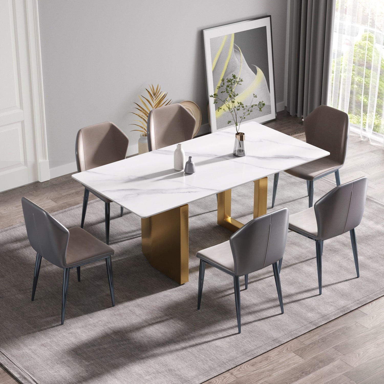 70.87&quot; Modern Artificial Stone Straight Edge Golden Metal Leg Dining Table, Can Accommodate 6-8 People - White / Gold
