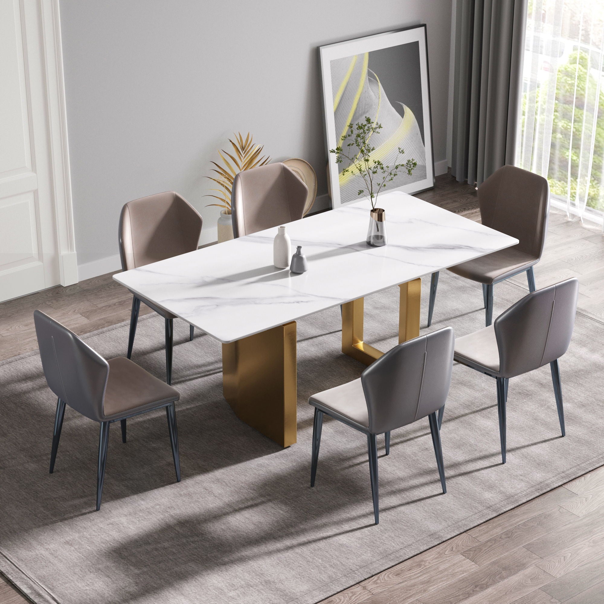 70.87&quot; Modern Artificial Stone Straight Edge Golden Metal Leg Dining Table, Can Accommodate 6-8 People - White / Gold