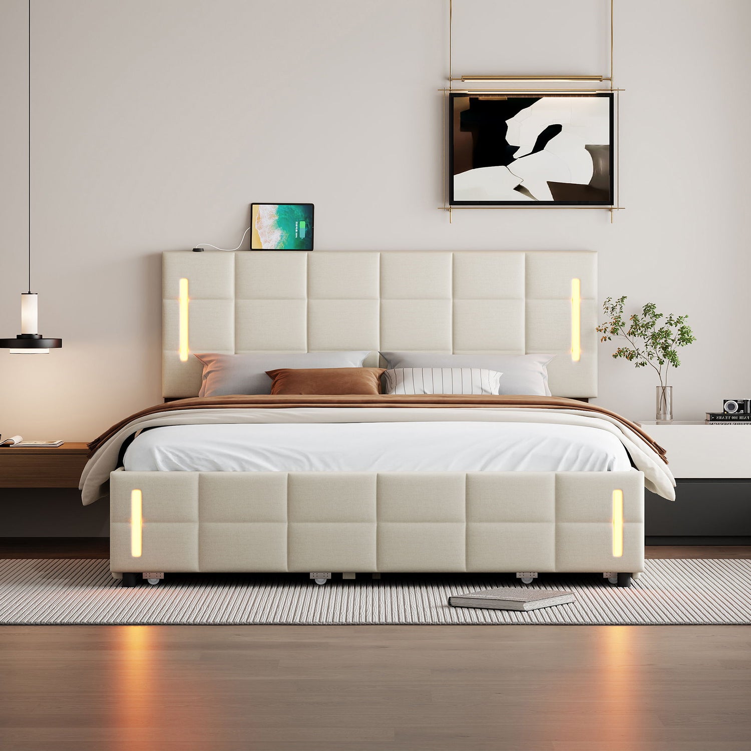 Upholstered Platform Bed With Trundle &amp; Drawers