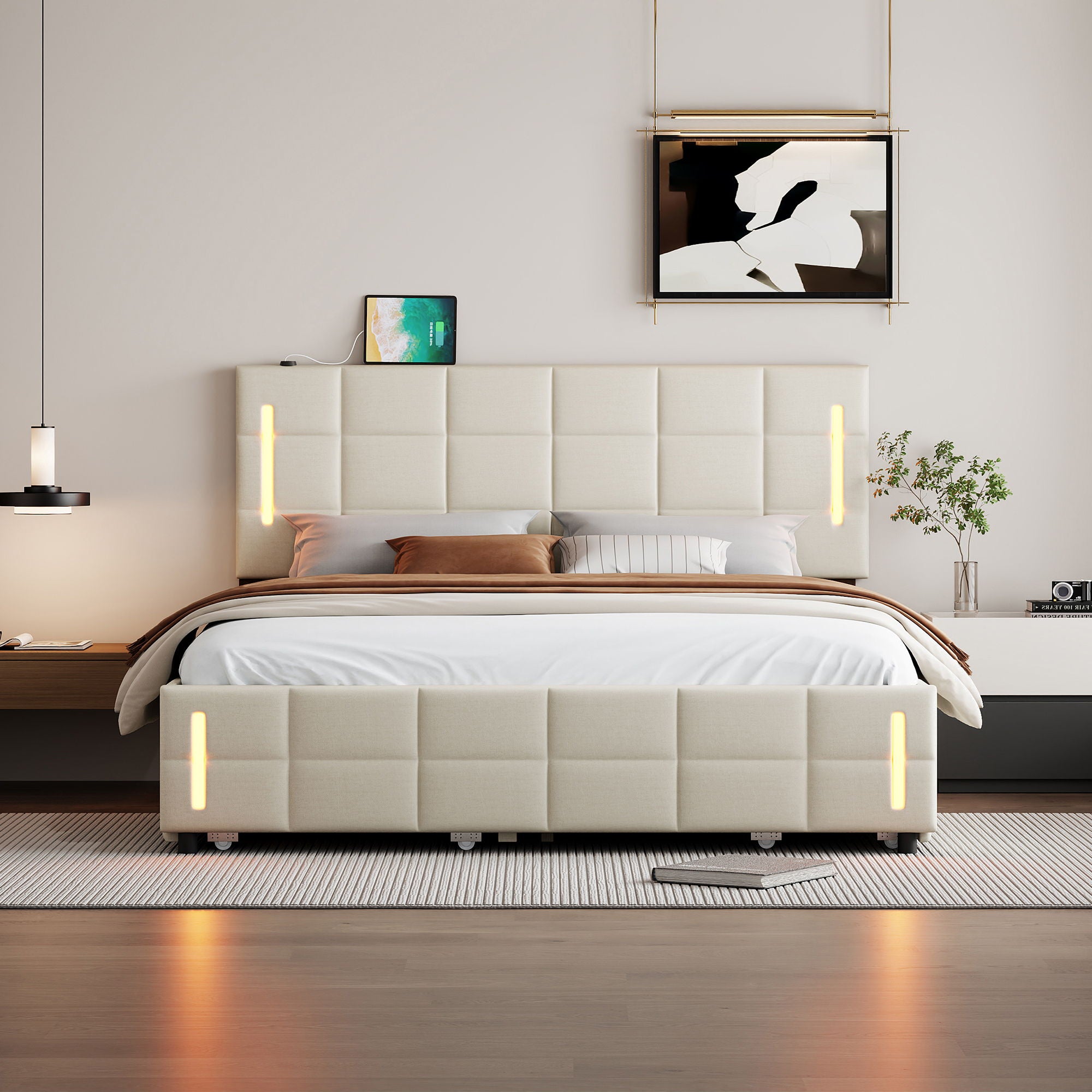 Upholstered Platform Bed With Trundle &amp; Drawers