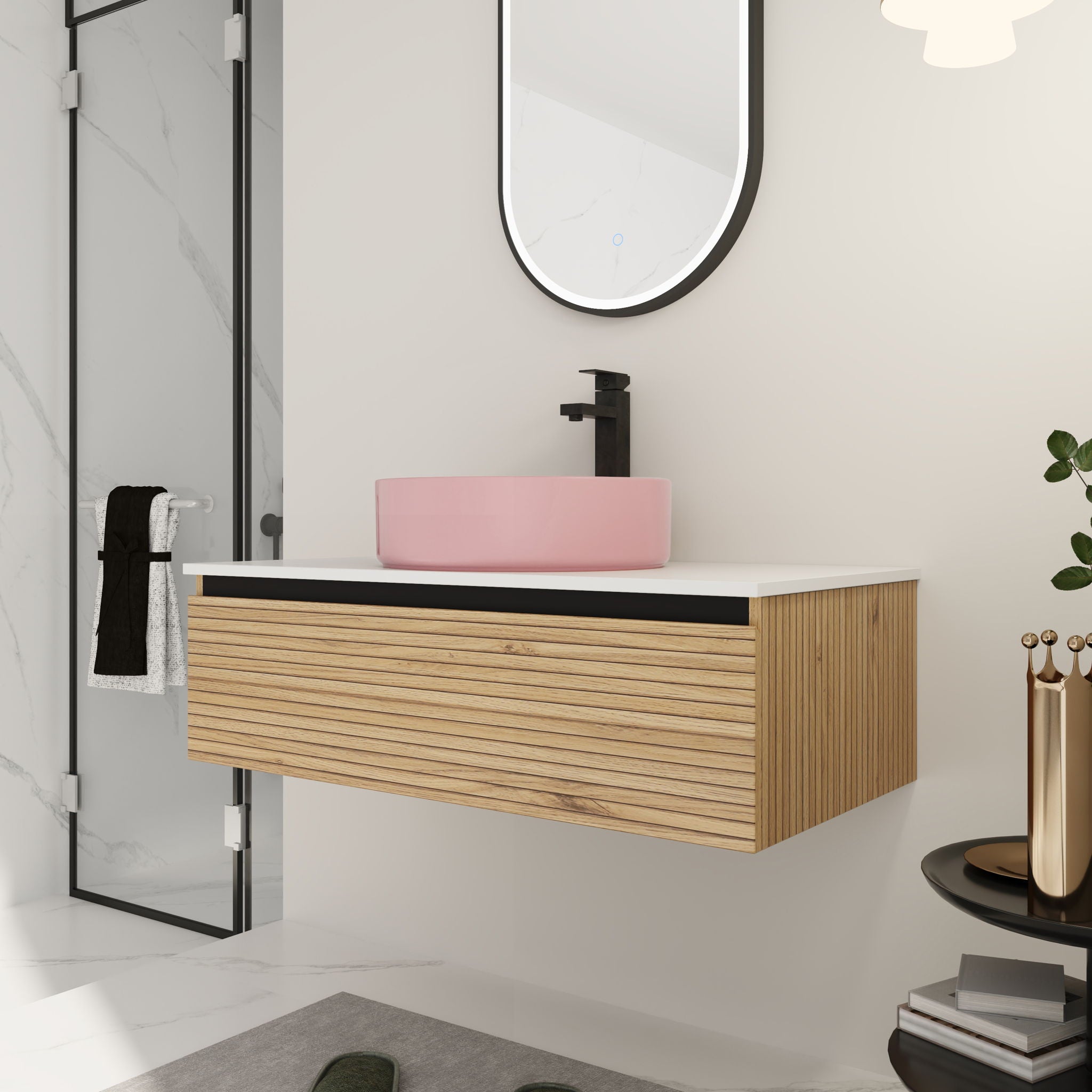 Wall Mounted Bathroom Vanity With Art Sink &amp; 1 Soft Close Drawer
