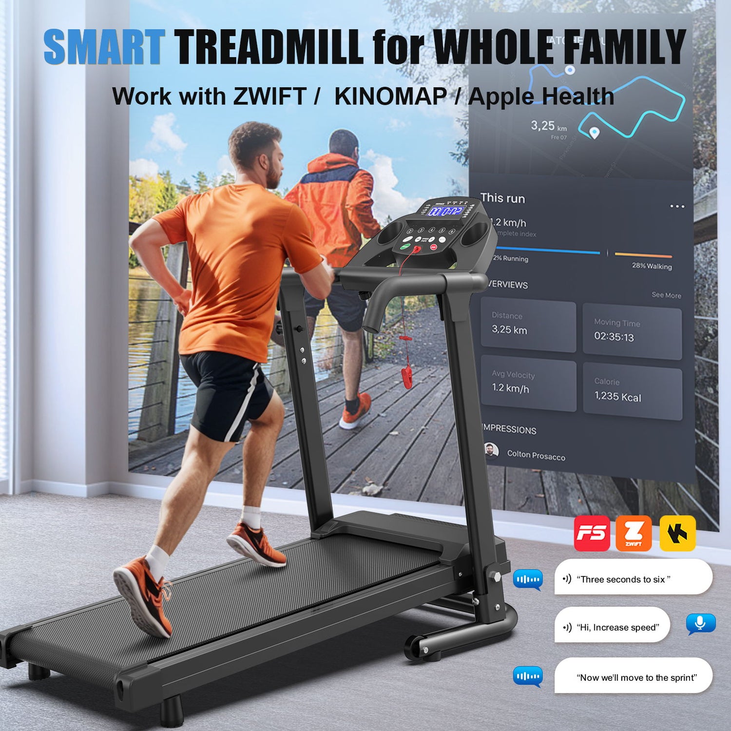 2.5Hp Portable Treadmill With Handles, App Control &amp; LED Display - Black