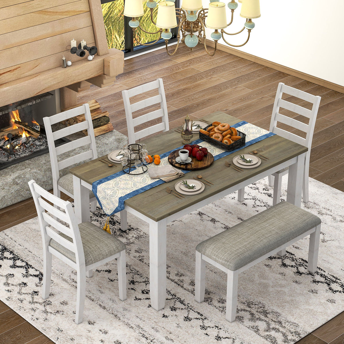 6 Piece Dining Set With 4 Upholstered Chairs &amp; Bench - Brown / Whitewash