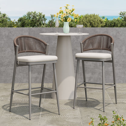 Outdoor Bar Height Metal Frame Counter Stools With Scallop Shaped Backrest &amp; Water Resistant Cushions