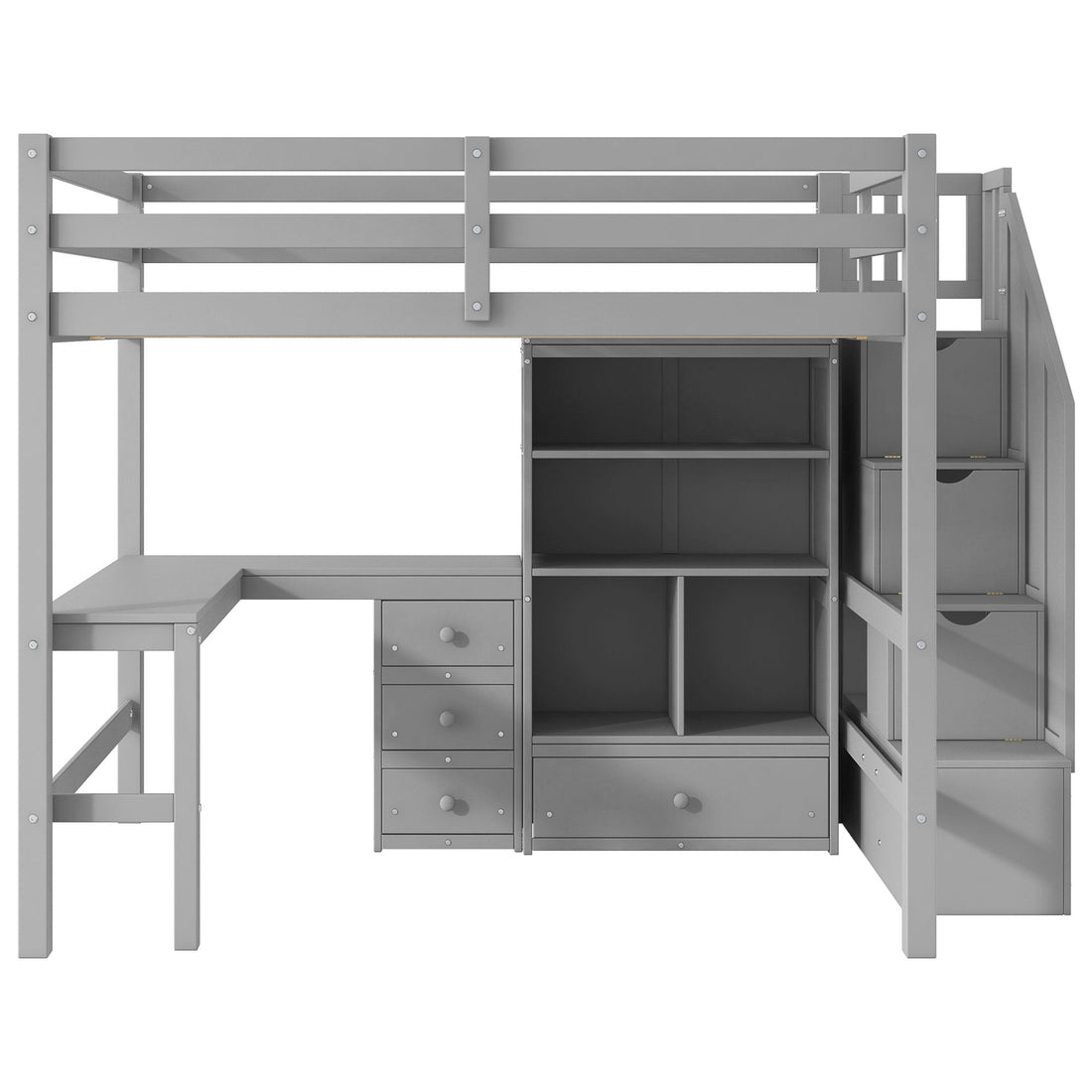 Loft Bed &amp; L Shaped Desk, Drawers, Cabinet, And Storage Staircase