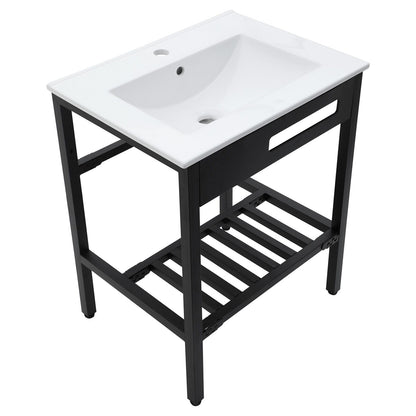 Console Sink With Legs, 24&quot; X 18&quot;, Durable Porcela With Frame - White / Black