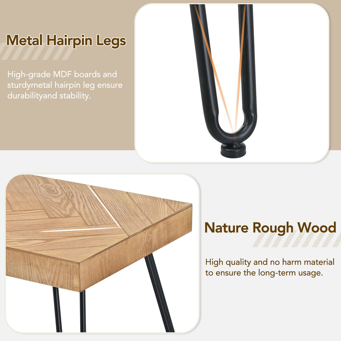 Modern Coffee Table Tea Table, Thicken Cocktail Table With With Chevron Pattern &amp; Metal Hairpin Legs For Living Room - Natural