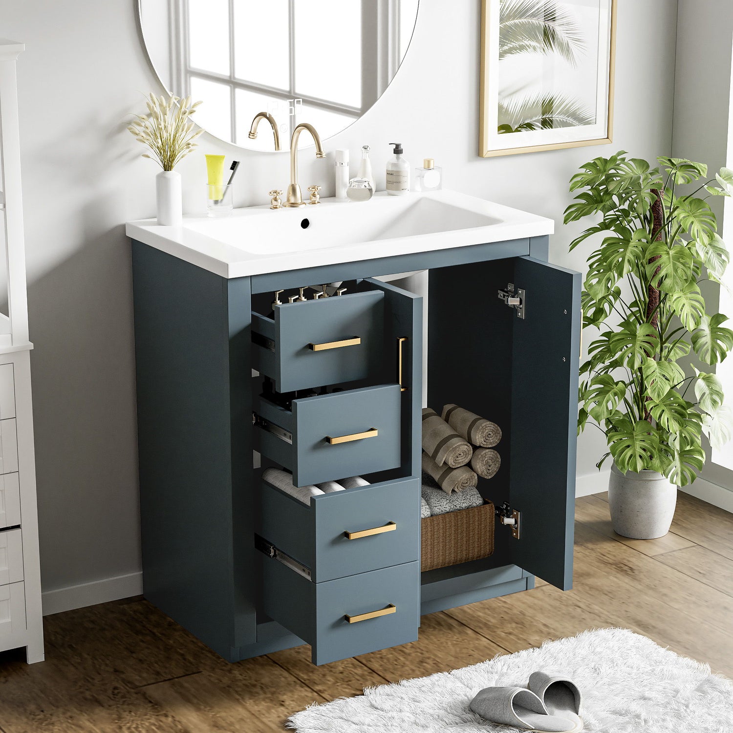 Ceramic Sink Combo, Freestanding Vanity Set With 3 Drawers &amp; Soft Closing Doors