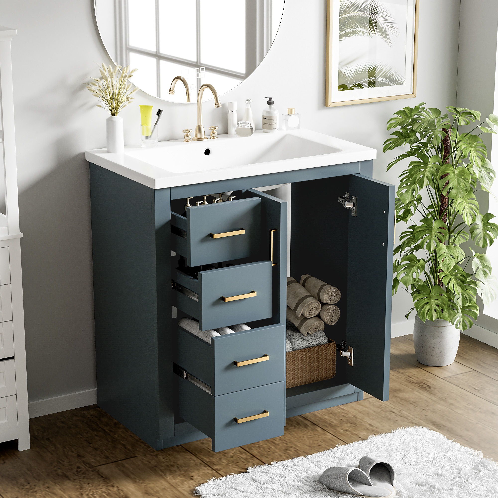 Ceramic Sink Combo, Freestanding Vanity Set With 3 Drawers &amp; Soft Closing Doors