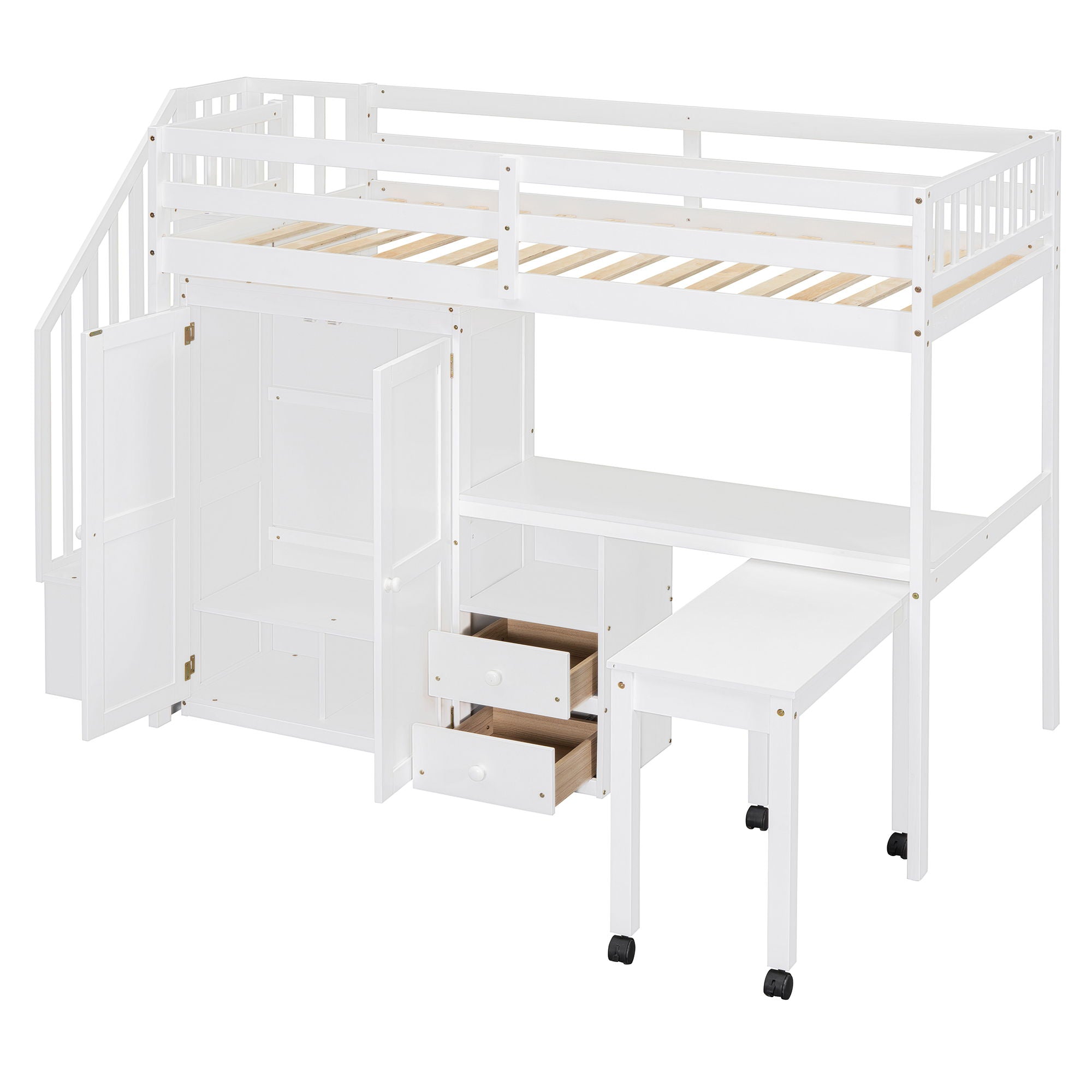 Loft Bed With Stairs, Bookshelf, Drawers, Desk &amp; Wardrobe, Space Saving Multifunctional Furniture
