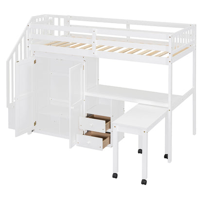 Loft Bed With Stairs, Bookshelf, Drawers, Desk &amp; Wardrobe, Space Saving Multifunctional Furniture