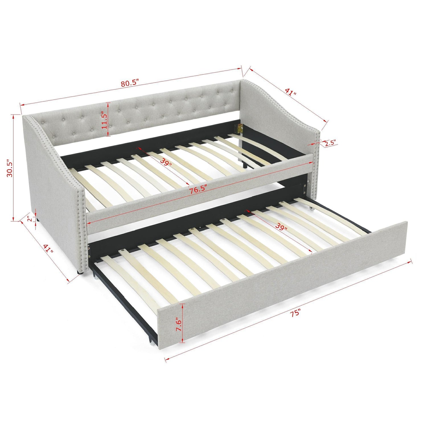 Upholstered Tufted Daybed With Drawers, Waved Arms