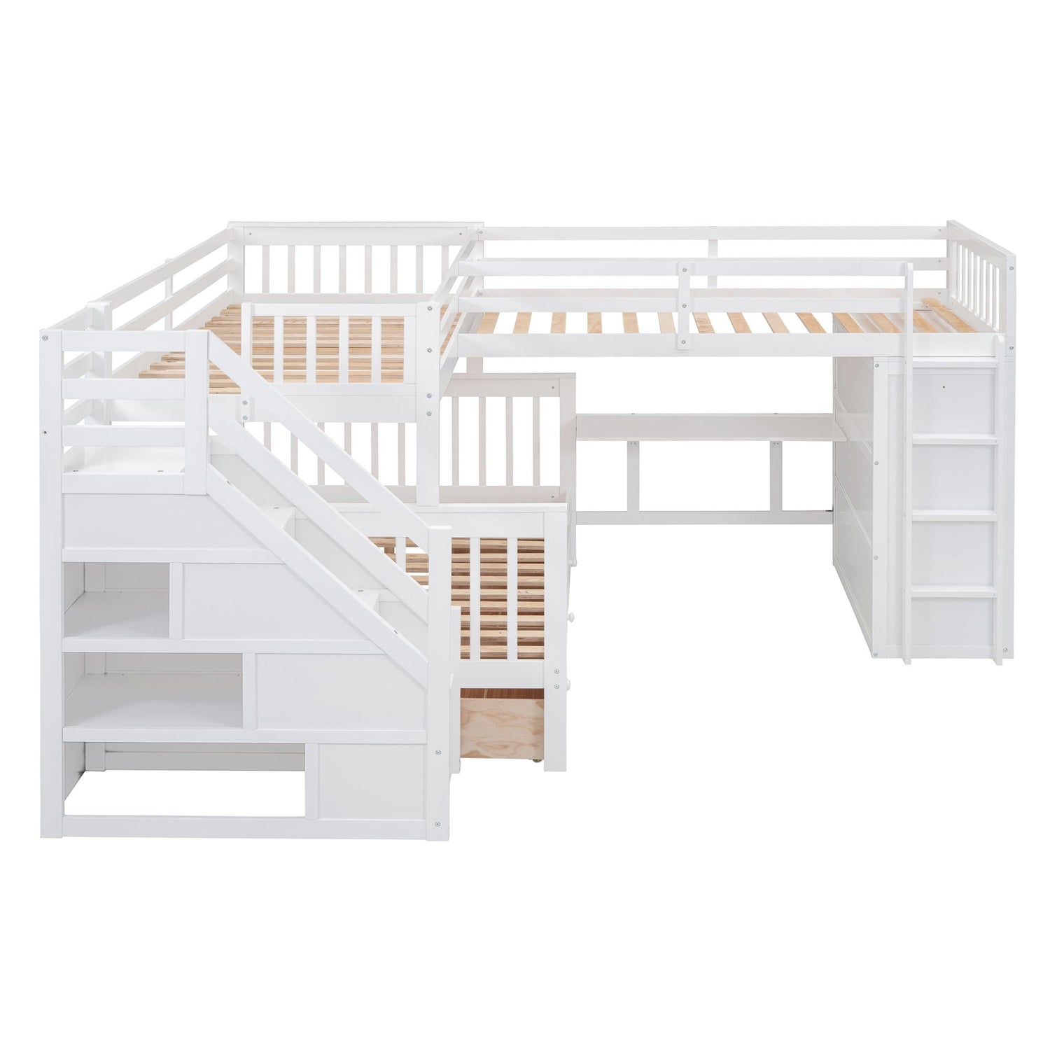 L Shaped Bunk Bed With 3 Drawers, Portable Desk And Wardrobe