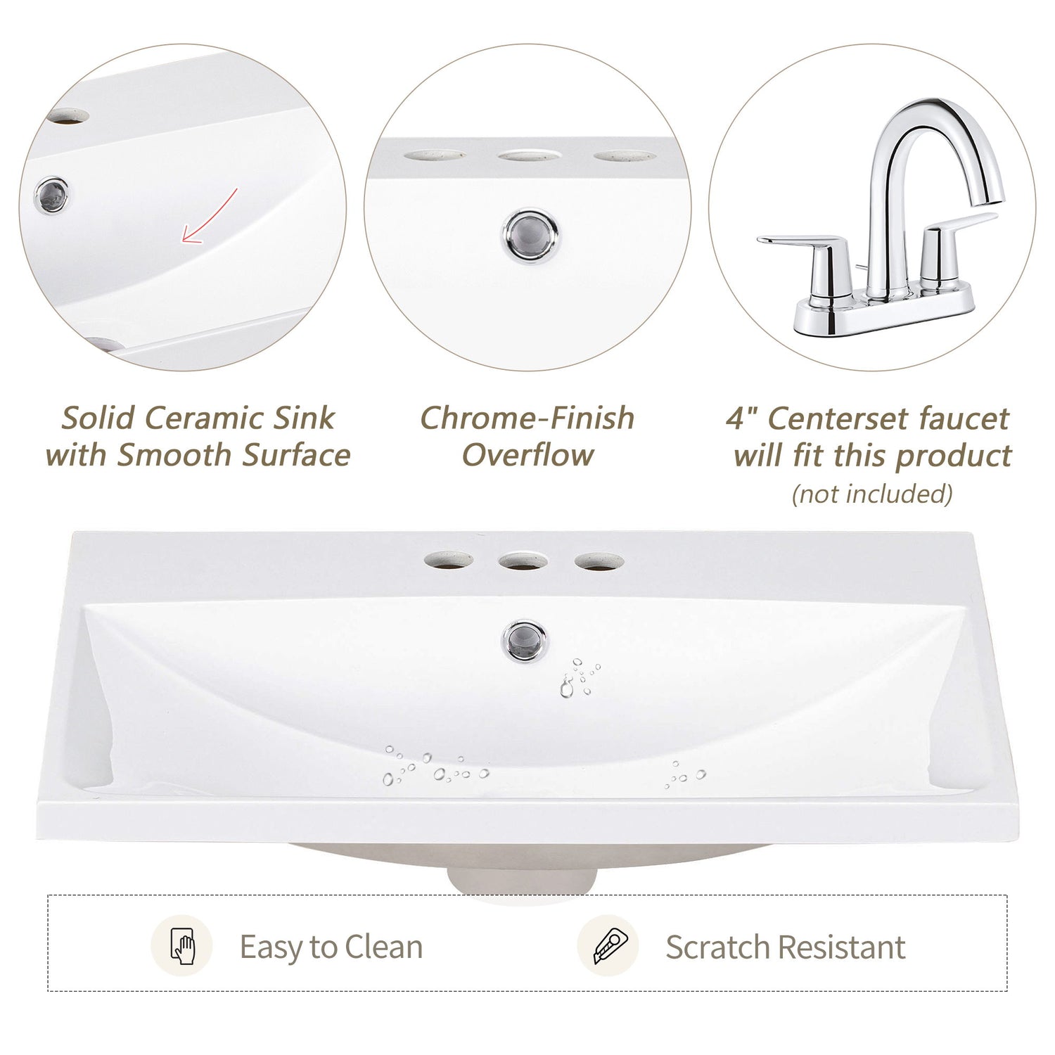 Bathroom Vanity Top, Rectangular Undermount Sink With 3 Faucet Holes, 4" Centerset Compatible - White
