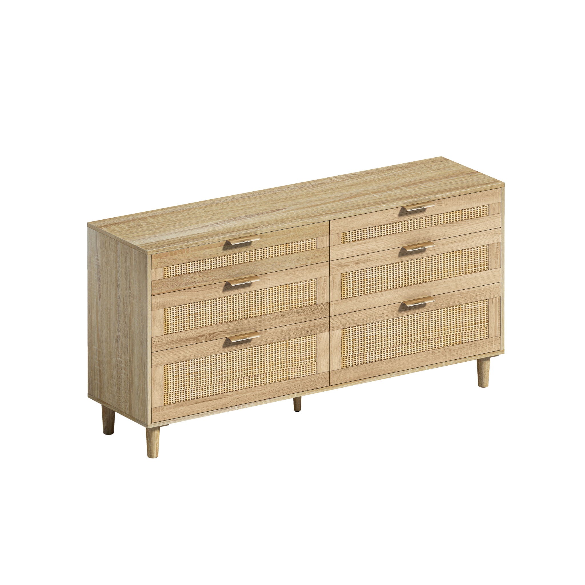Rattan Dresser With 6 Drawers, Wooden Legs &amp; Metal Handle
