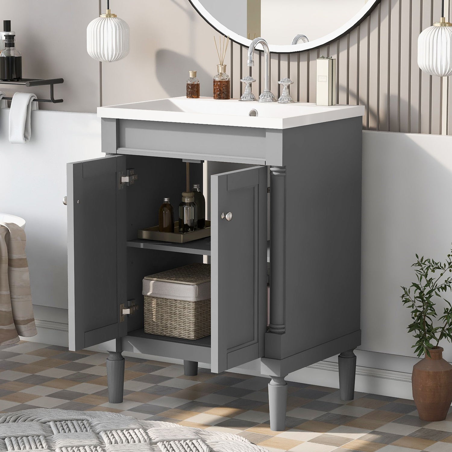 Bathroom Vanity With Top Sink, 2-Tier Modern Bathroom Storage Cabinet