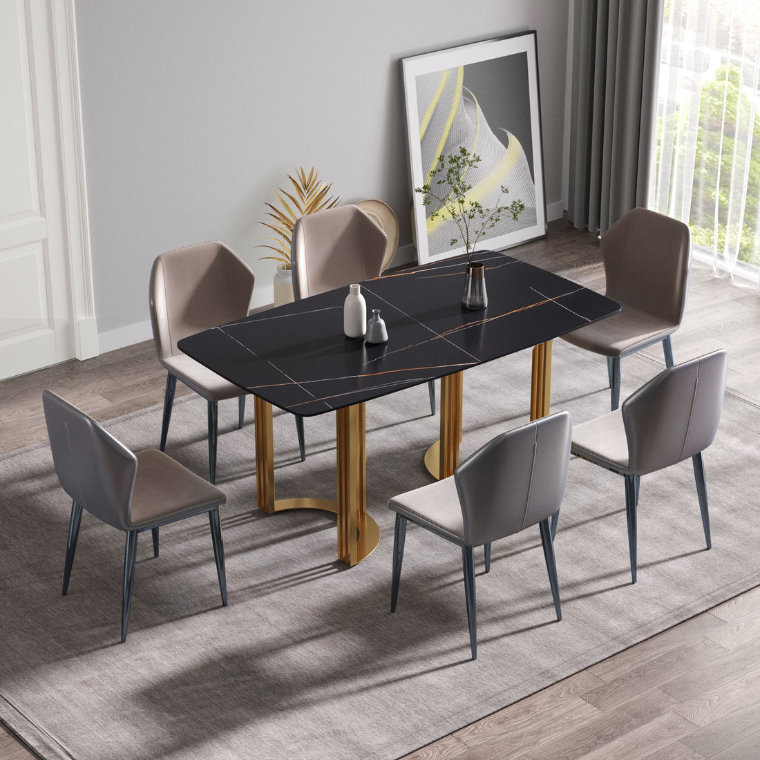 63&quot; Modern Artificial Stone Curved Golden Metal Leg Dining Table, 6 People - Black / Gold