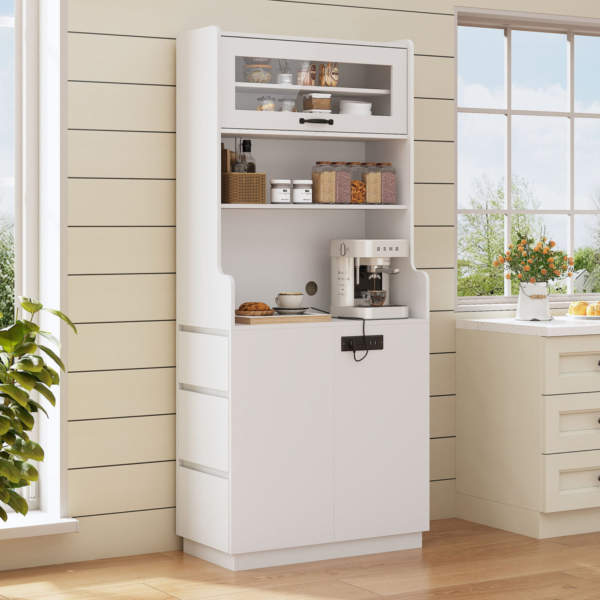 Pantry Cabinet With Hydraulic Flip Top And USB Charging Port
