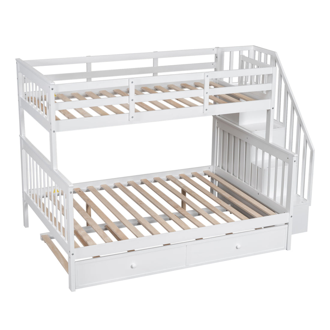 Twin Over Full Bunk Bed With Twin Size Trundle, Storage And Guard Rail For Bedroom - White