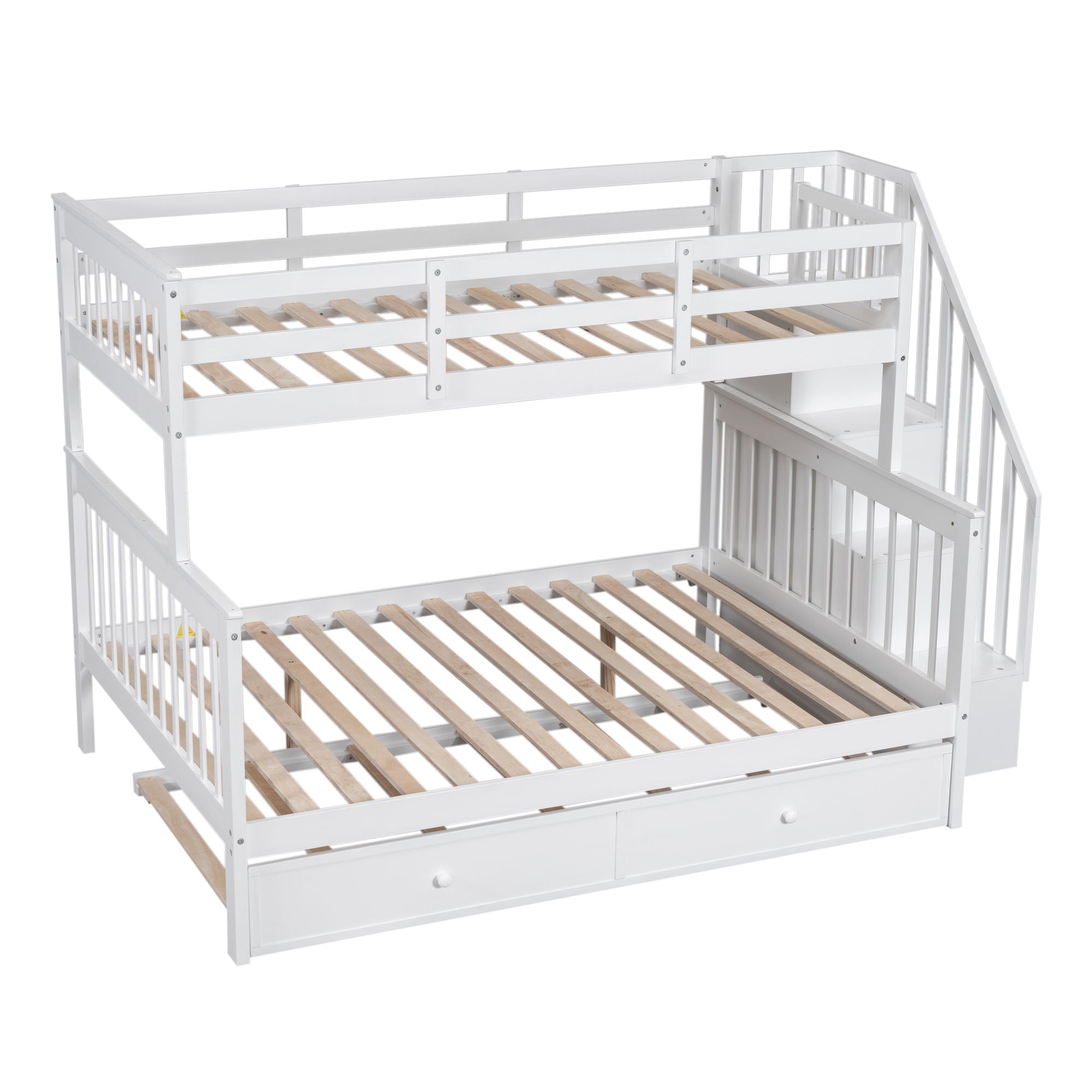 Twin Over Full Bunk Bed With Twin Size Trundle, Storage And Guard Rail For Bedroom - White