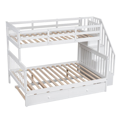 Twin Over Full Bunk Bed With Twin Size Trundle, Storage And Guard Rail For Bedroom - White