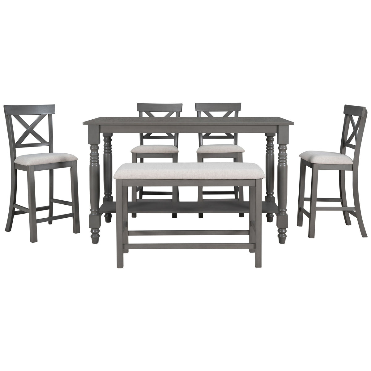 Counter Height Dining Set With Shelf, 4 Chairs And Bench