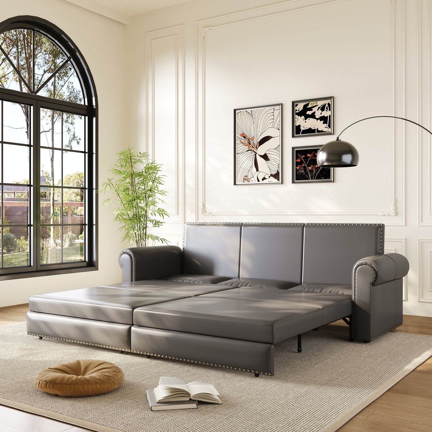 3 In 1 Convertible Sleeper Sofa With Nailhead Trim &amp; Rolled Arm