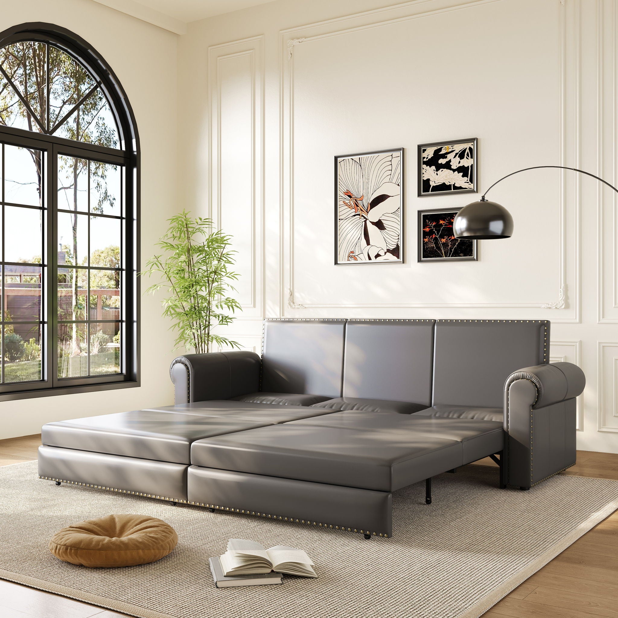 3 In 1 Convertible Sleeper Sofa With Nailhead Trim &amp; Rolled Arm
