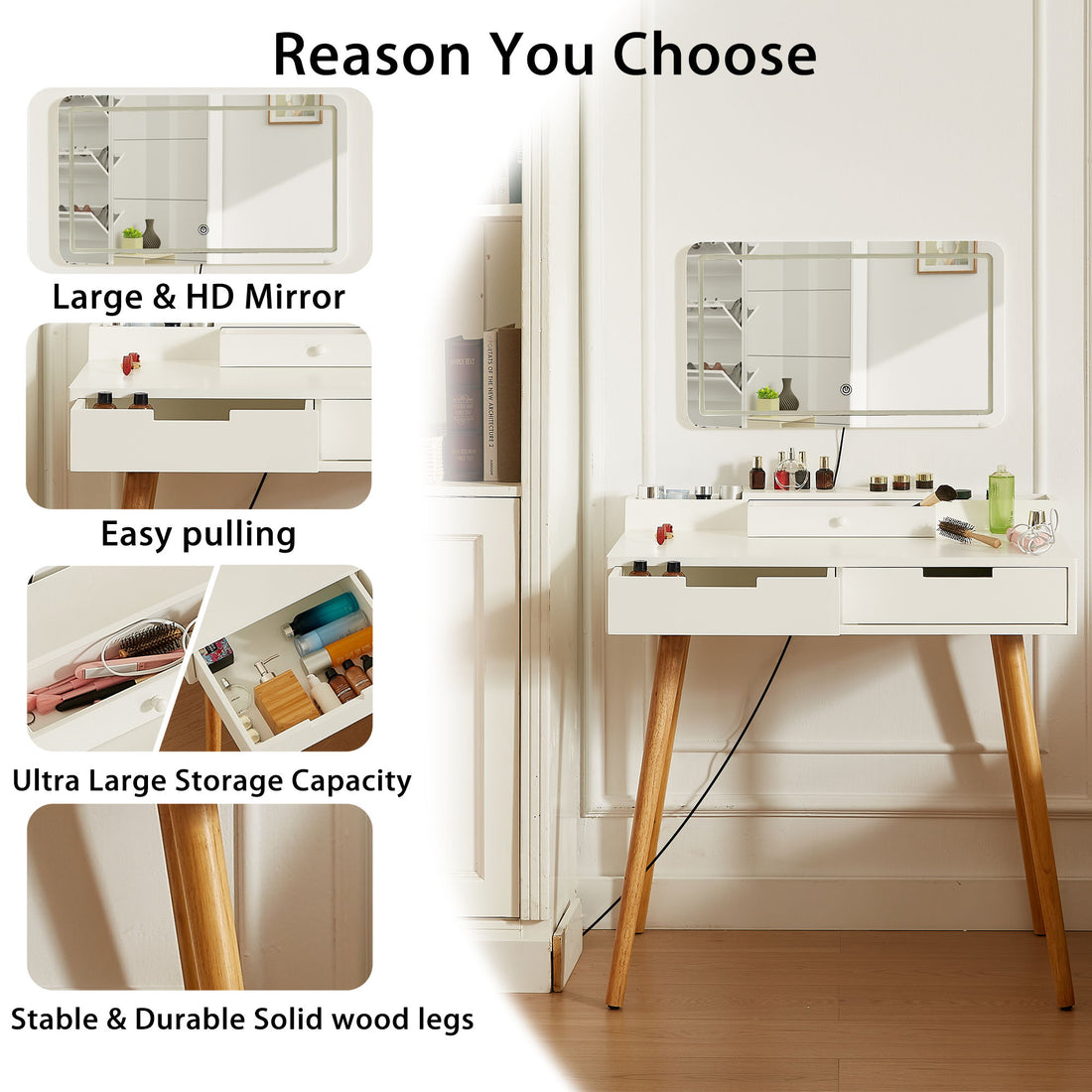 Makeup Vanity Desk With Removable Mirror And Lights, 3 Color Modes &amp; Adjustable Brightness Dressing Table, Small Vanity Table Set With 2 Drawers For Bedroom - White