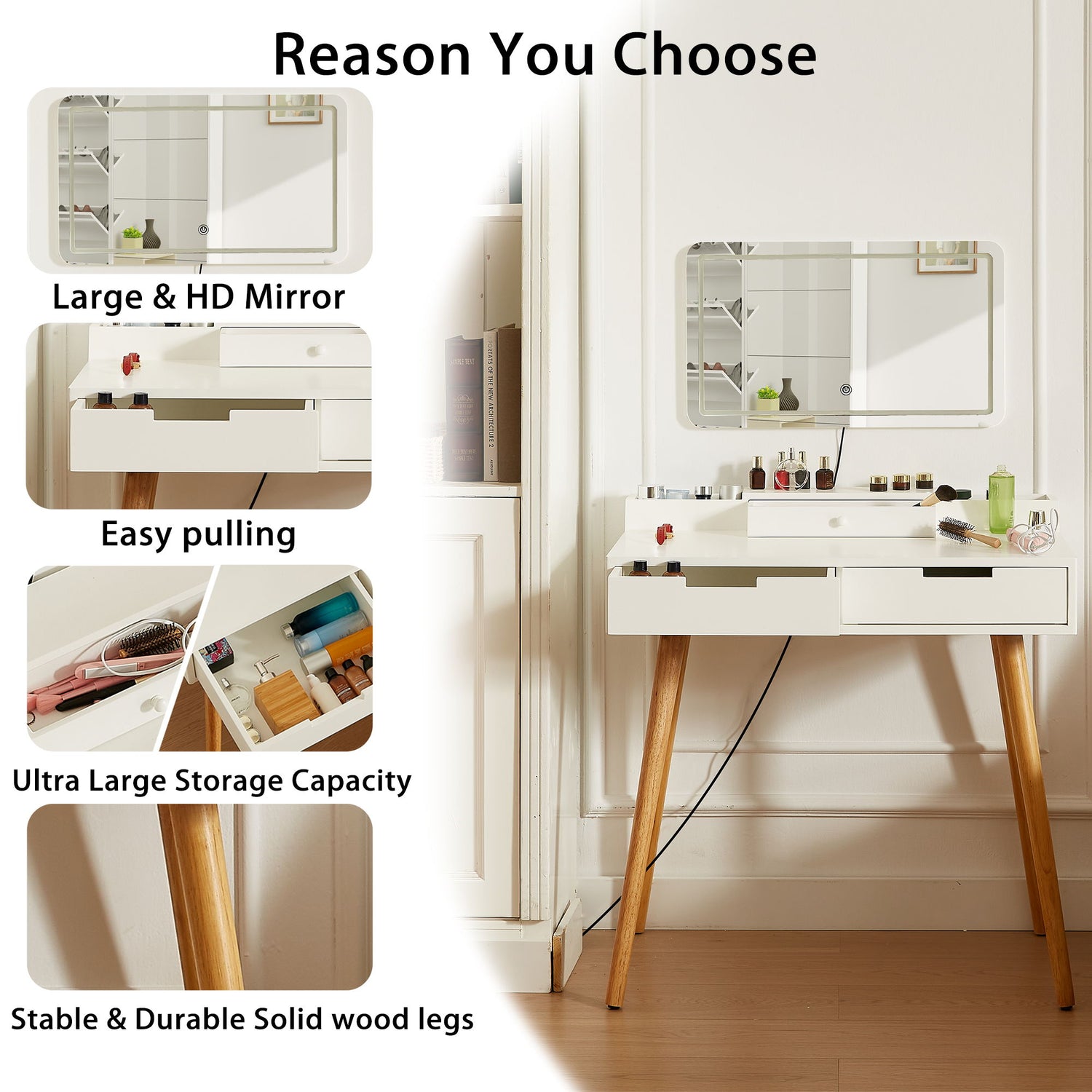 Makeup Vanity Desk With Removable Mirror And Lights, 3 Color Modes &amp; Adjustable Brightness Dressing Table, Small Vanity Table Set With 2 Drawers For Bedroom - White