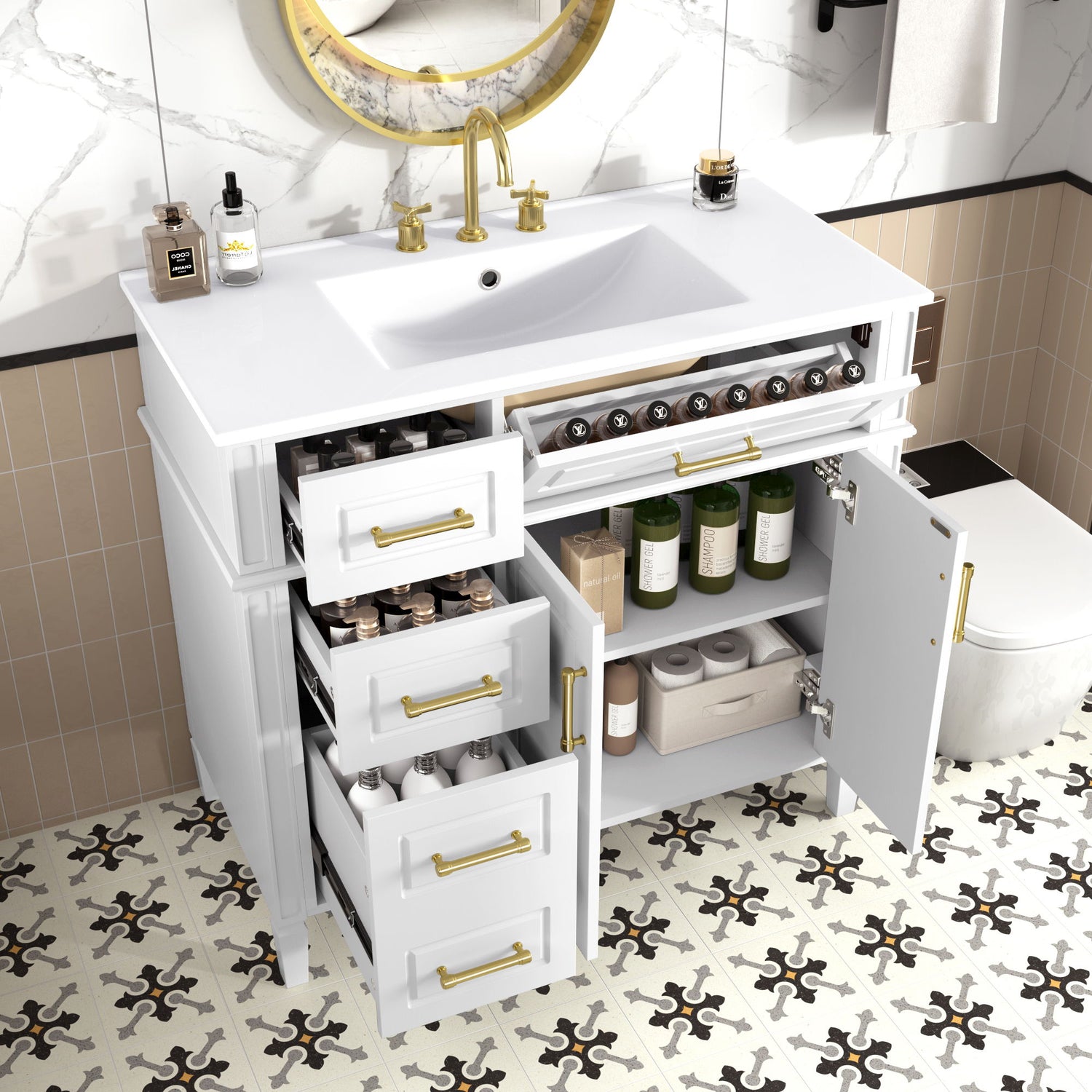 Bathroom Vanity With Sink, 4 Drawers (1 Flip Drawer), 2 Doors &amp; Adjustable Shelf - White