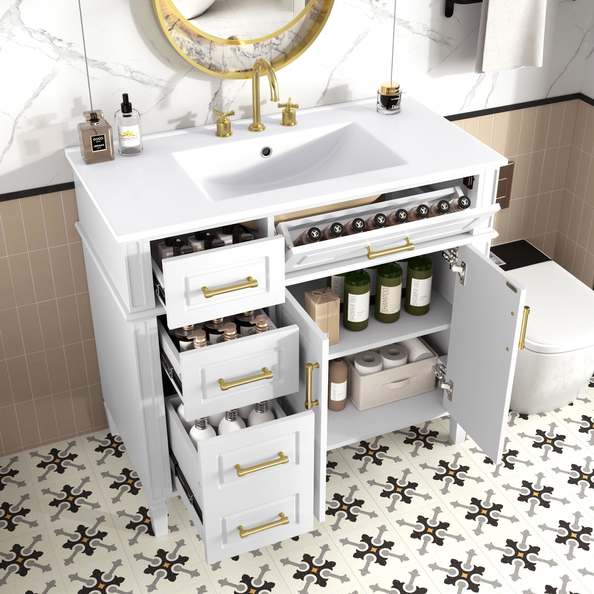 Bathroom Vanity With Sink, 4 Drawers (1 Flip Drawer), 2 Doors &amp; Adjustable Shelf - White