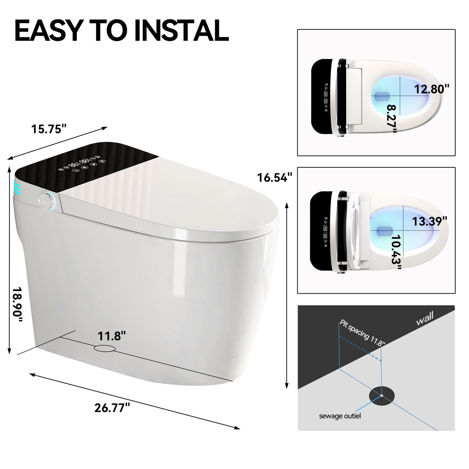 Smart Heated Bidet Toilet With Auto Open / Close Seat, Warm Water Wash, Dryer, And LED Display - White