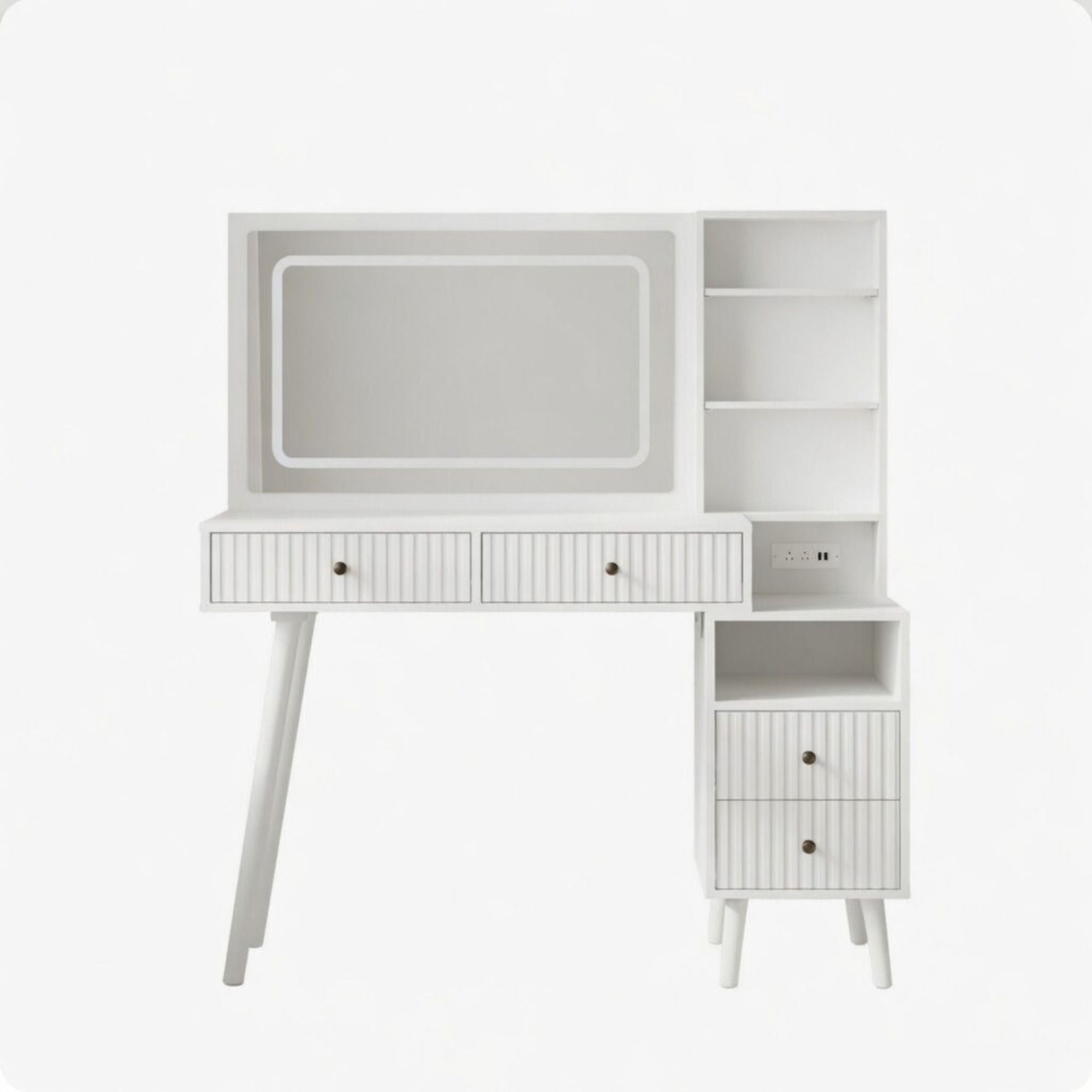 Fluted Vanity Desk With Lighted Mirror &amp; Outlet 4 Drawer, Makeup Table - White
