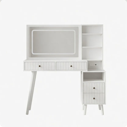 Fluted Vanity Desk With Lighted Mirror &amp; Outlet 4 Drawer, Makeup Table - White