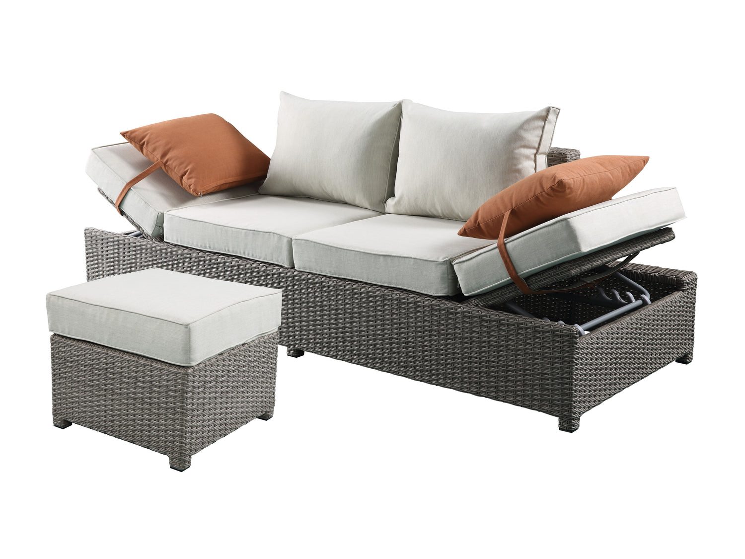 Salena - All Weather Wicker Patio Sofa &amp; Ottoman With 2 Toss Pillows - Beige / Gray