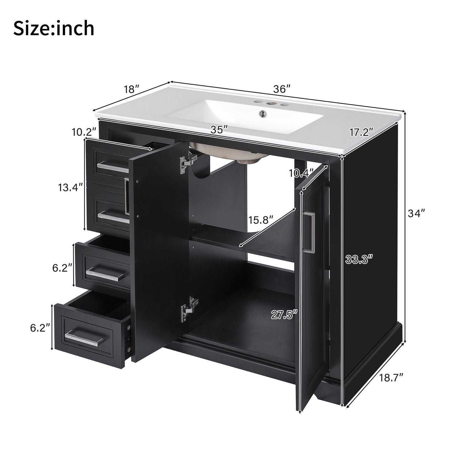Bathroom Vanity With Sink, Soft Close Doors, Adjustable Shelf &amp; 3 Drawers